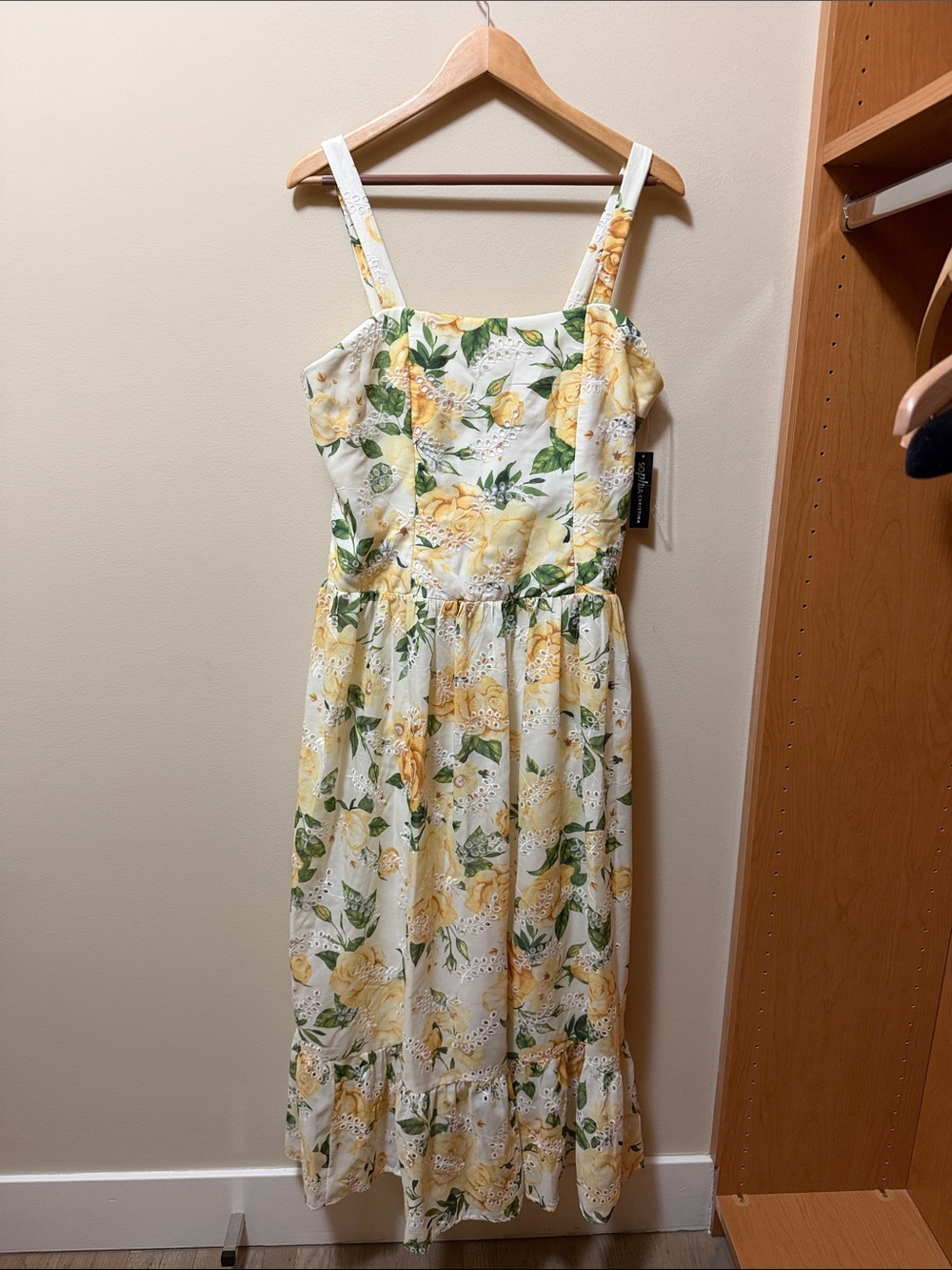 Yellow Floral Midi Sundress with Green Leaf Print - Picture 1 of 2
